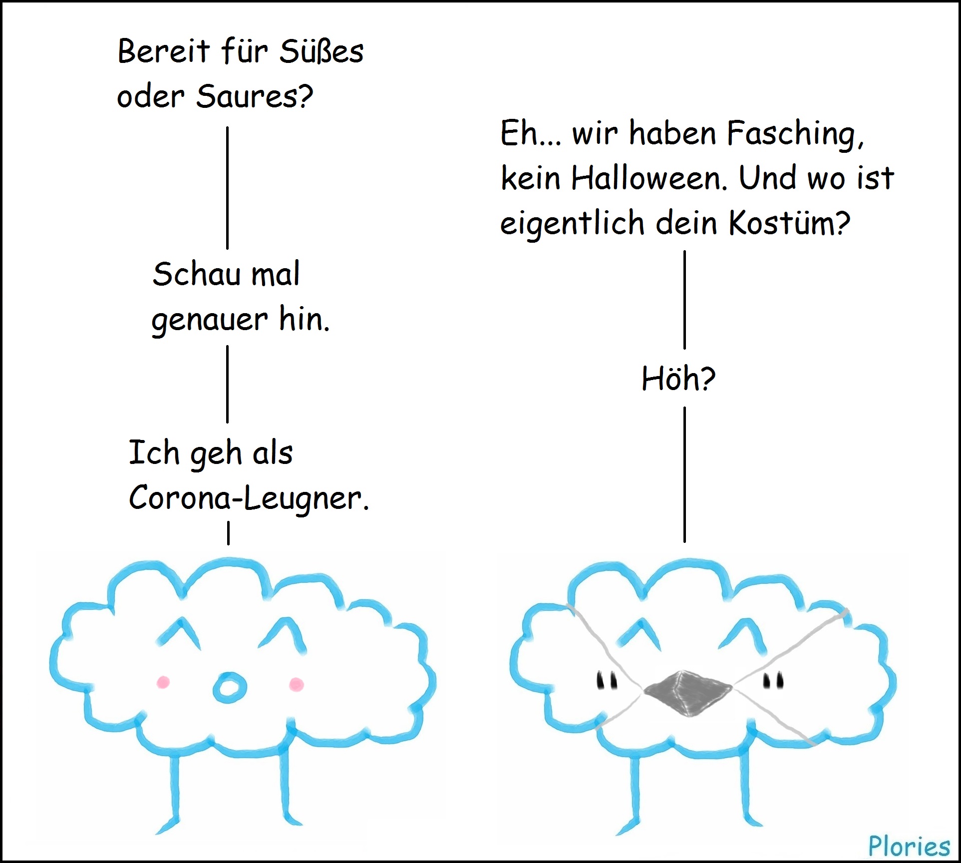 Joy sagt: "Bereit für Süßes oder Saures?" Maskierte Wolke sagt: "Eh... wir haben Fasching, kein Halloween. Und wo ist eigentlich dein Kostüm?" Joy sagt: "Schau mal genauer hin." Maskierte Wolke sagt: "Höh?" Joy sagt: "Ich geh als Corona-Leugner."