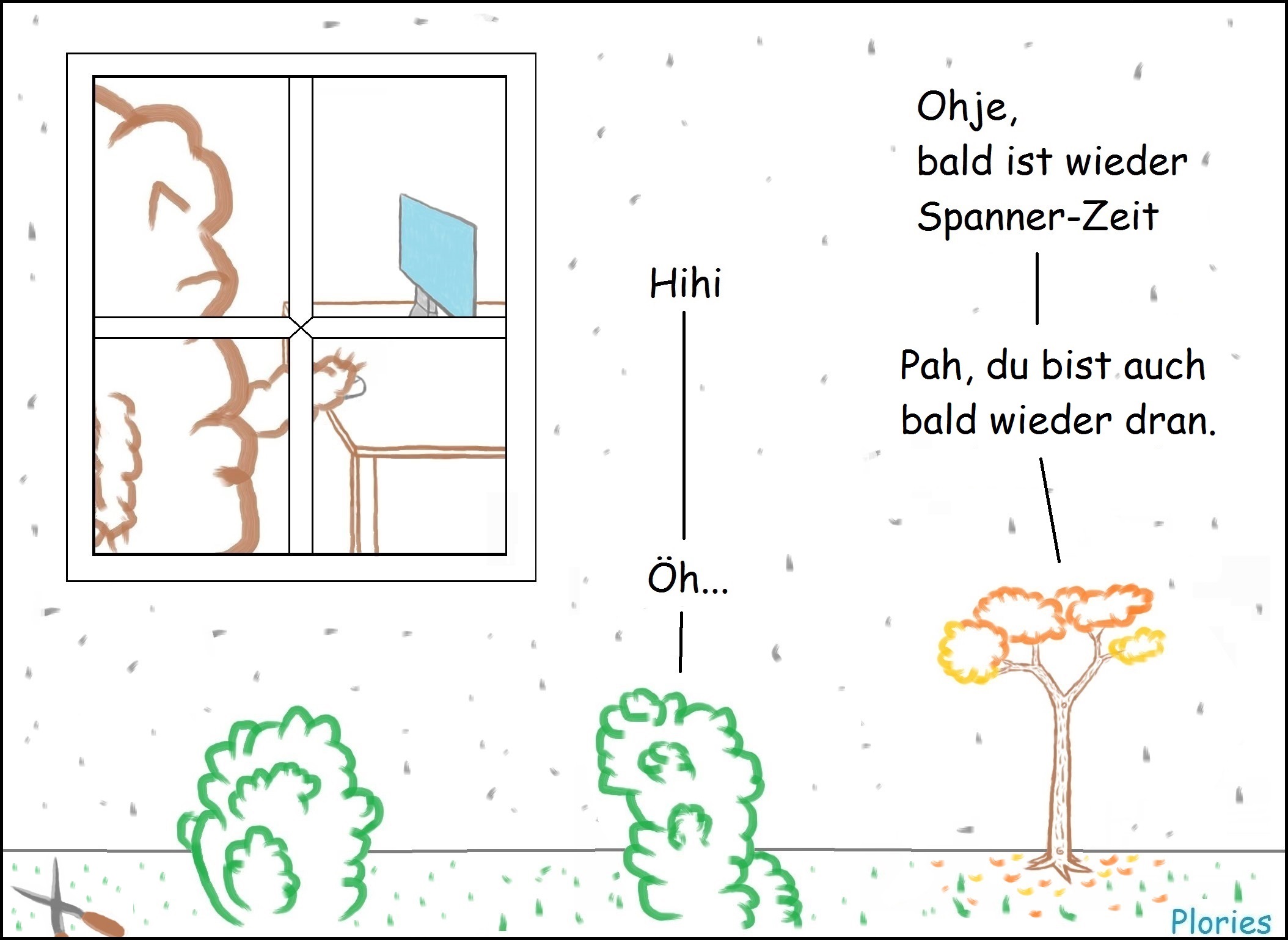 Draußen vor einem Fenster, wo Mr. Brown sitzt. Laubbaum sagt: "Ohje, bald ist wieder Spanner-Zeit.“ Konifere lacht: "Hihi.“ Laubbaum sagt: "Pah, du bist auch bald wieder dran.“ Konifere: "Öh...“ In der Ecke vom Bild sieht man eine Heckenschere.