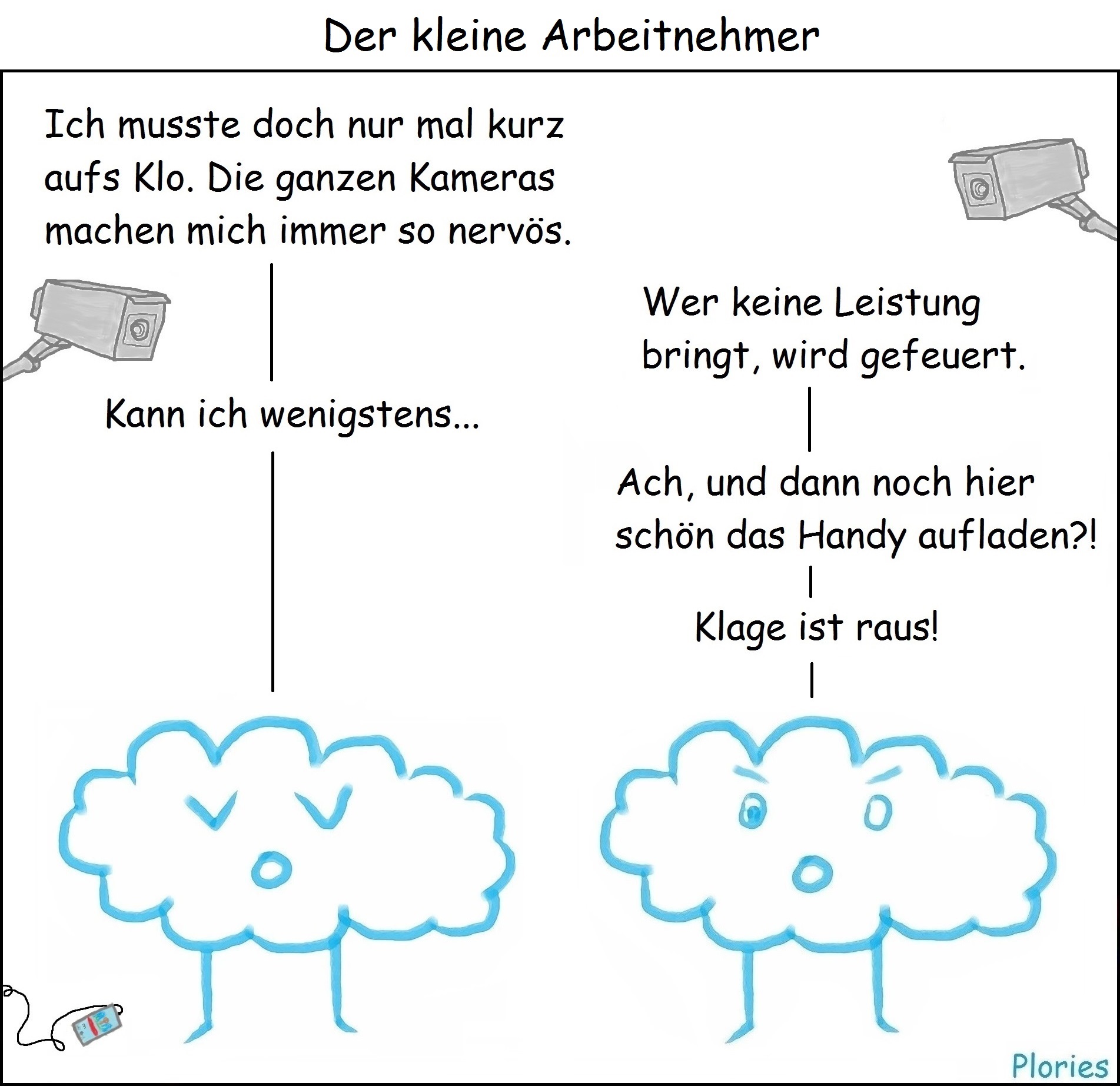 Der kleine Arbeitnehmer: Trauriger Plory sagt: „Ich musste doch nur mal kurz aufs Klo. Die ganzen Kameras machen mich immer so nervös.“ Angry sagt: „Wer keine Leistung bringt, wird gefeuert.“ Trauriger Plory sagt: „Kann ich wenigstens...“ Angry sagt: „Ach, und dann noch hier schön das Handy aufladen?! Klage ist raus!“