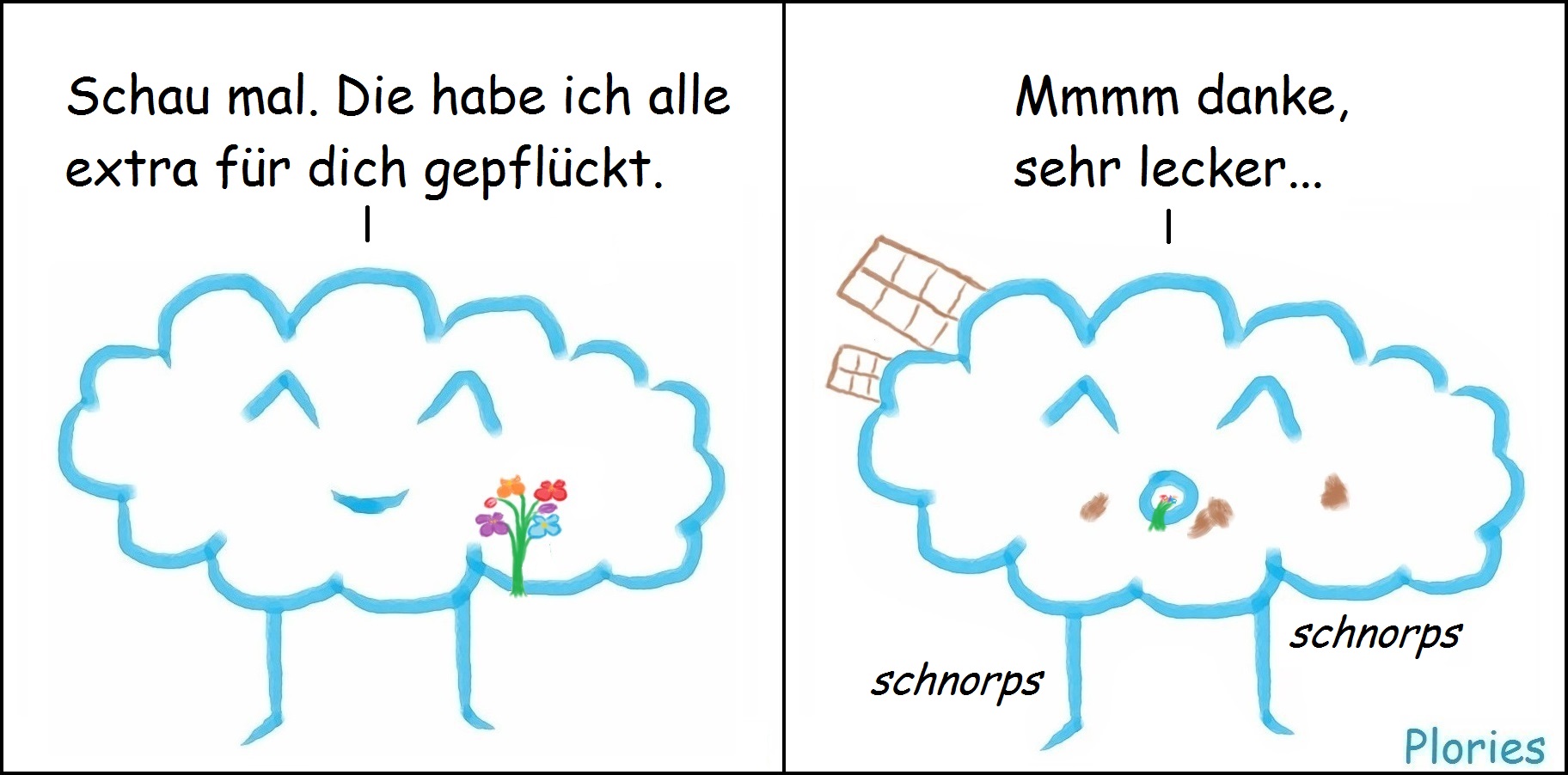 Joy hält einen Strauß Blumen und sagt: „Schau mal. Die habe ich alle extra für dich gepflückt.“ Yummy mit Blumen im Mund: „Mmmm danke, sehr lecker... schnorps schnorps“
