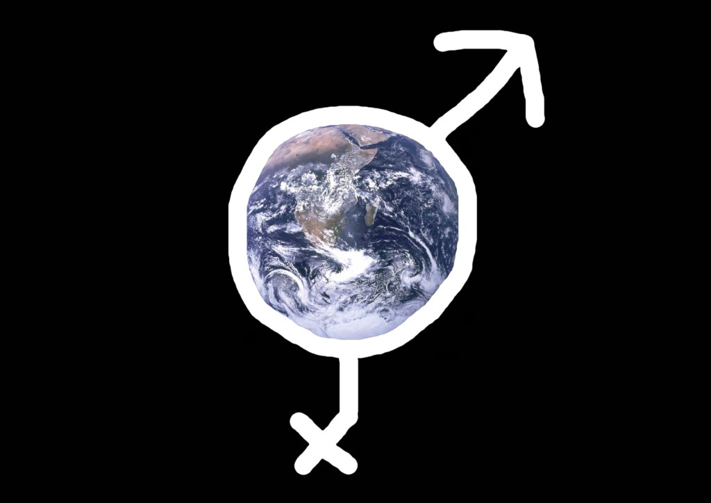 Erde umrahmt von den Symbolen für Mann und Frau