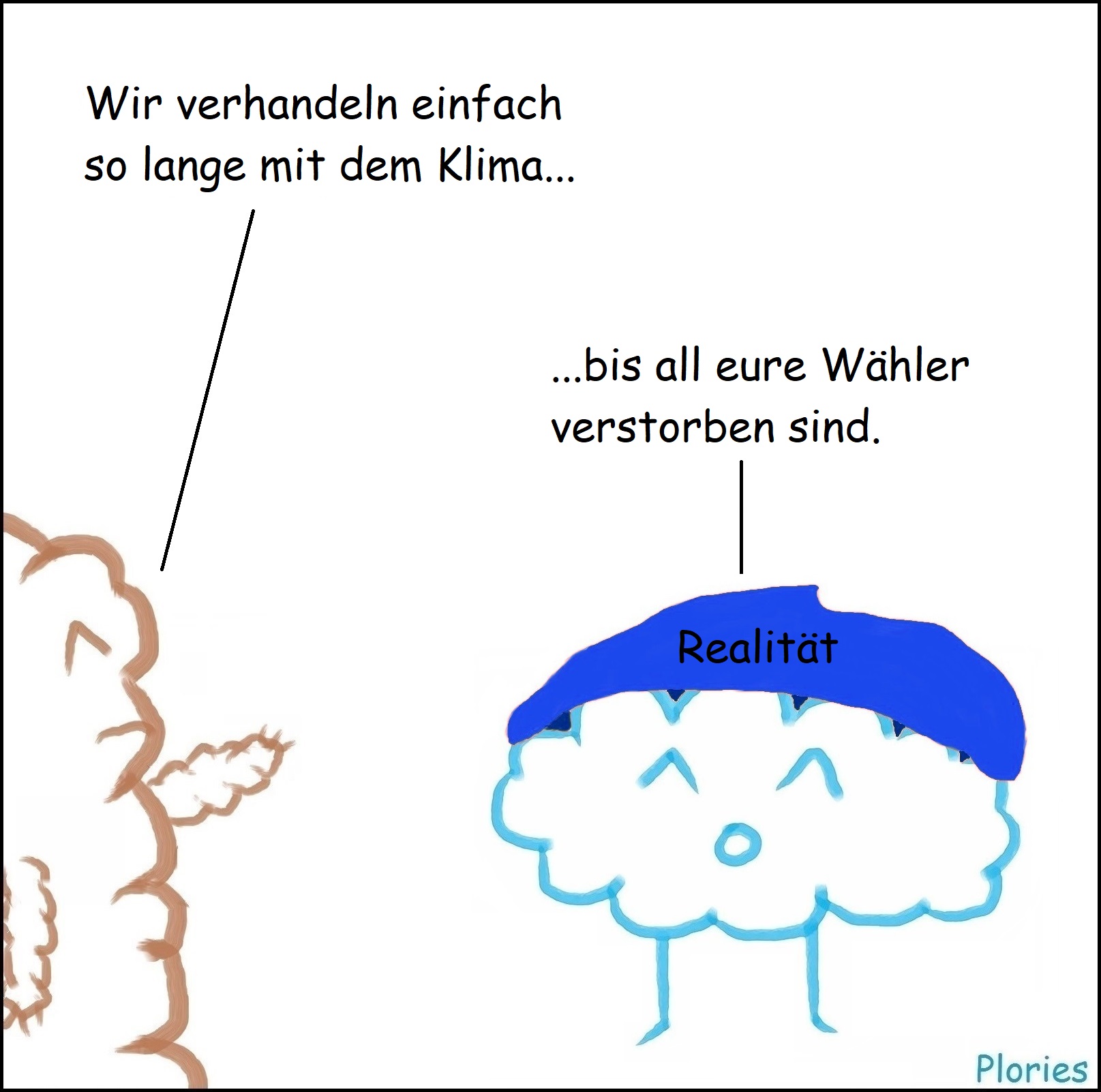 Mr. Brown sagt: „Wir verhandeln einfach so lange mit dem Klima...“ Joy mit Mütze, auf der „Realität“ steht, sagt: „...bis all eure Wähler verstorben sind.“