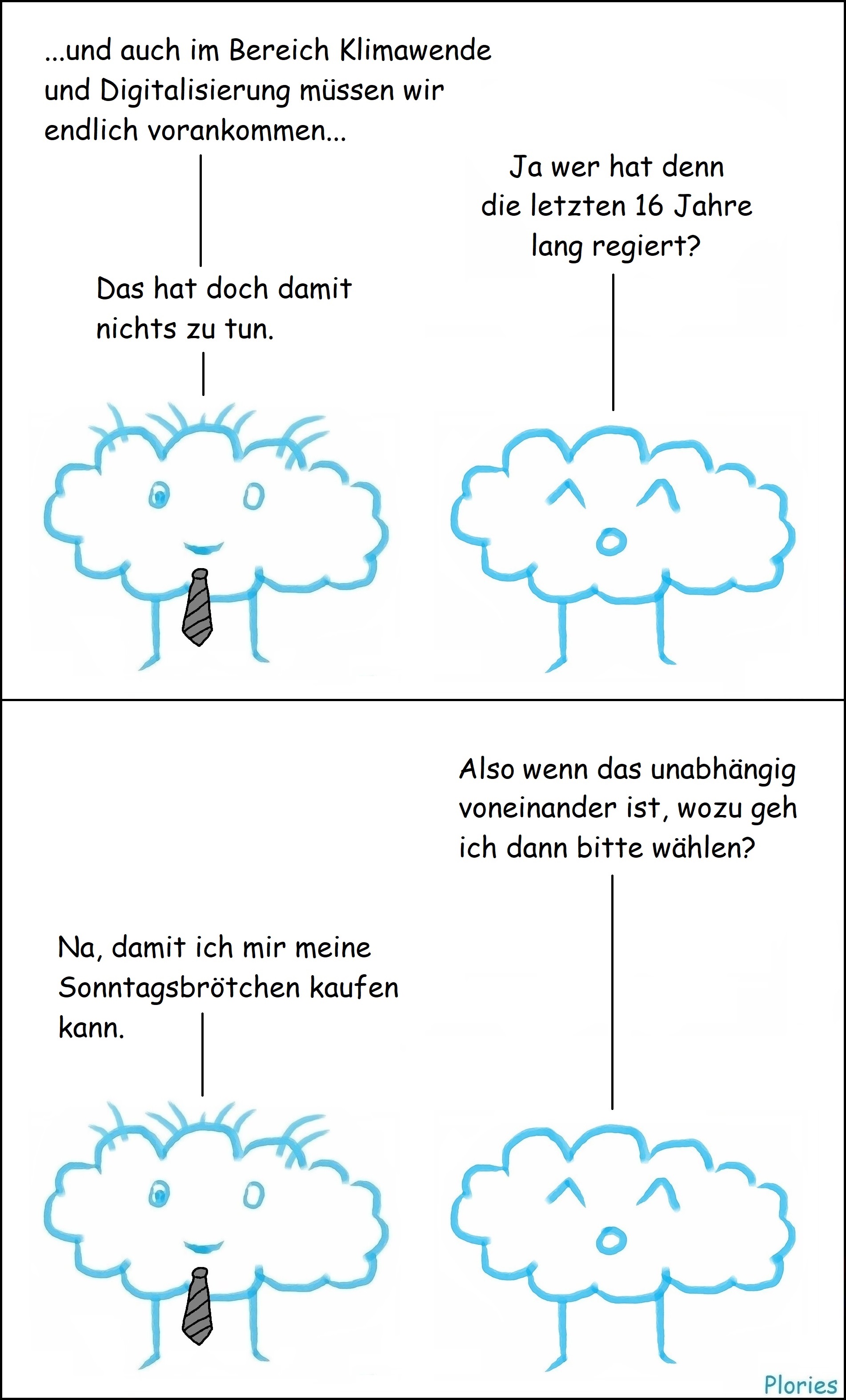 Politiker (Crazy mit schwarzer Krawatte) sagt: „...und auch im Bereich Klimawende und Digitalisierung müssen wir endlich vorankommen...“ Journalist sagt: „Ja wer hat denn die letzten 16 Jahre lang regiert?“ Politiker sagt: „Das hat doch damit nichts zu tun.“ Journalist sagt: „Also wenn das unabhängig voneinander ist, wozu geh ich dann bitte wählen?“ Politiker antwortet: „Na, damit ich mir meine Sonntagsbrötchen kaufen kann.“