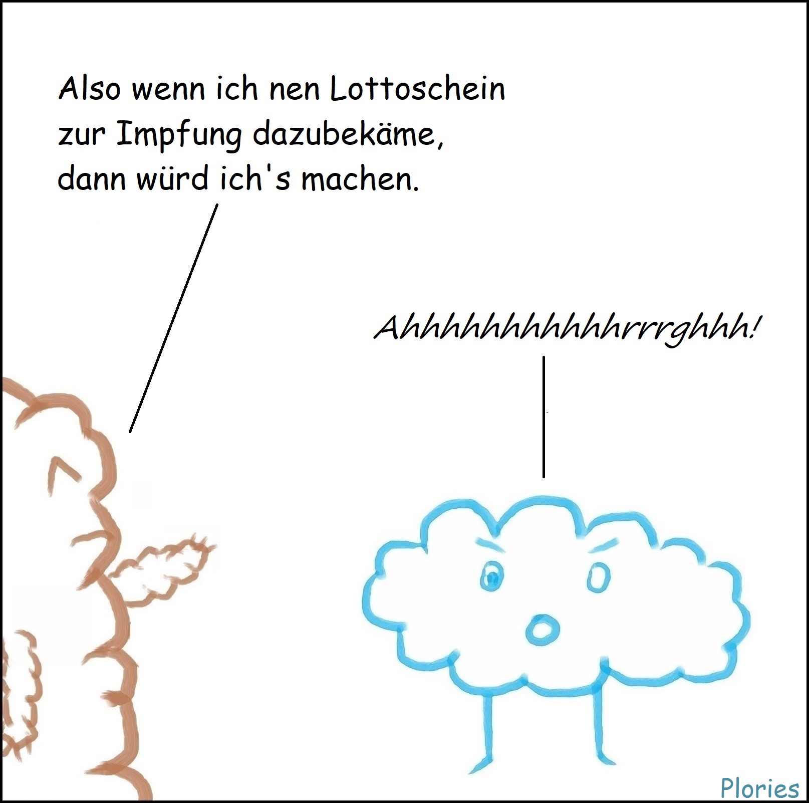 Mr. Brown sagt: „Also wenn ich nen Lottoschein zur Impfung dazubekäme, dann würd ich's machen.“ Angry schreit: „Ahhhhhhhhhhhhhhhhrrrghhh!“