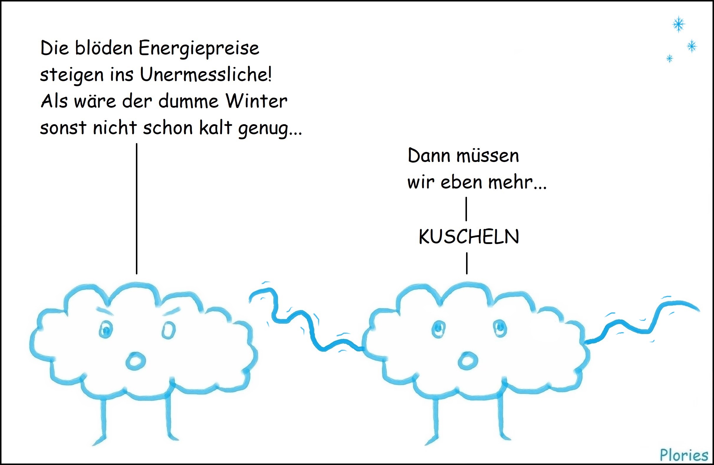 Angry sagt: „Die blöden Energiepreise steigen ins Unermessliche! Als wäre der dumme Winter sonst nicht schon kalt genug...“ Joy mit wedelnden Armen sagt: „Dann müssen wir eben mehr... KUSCHELN“