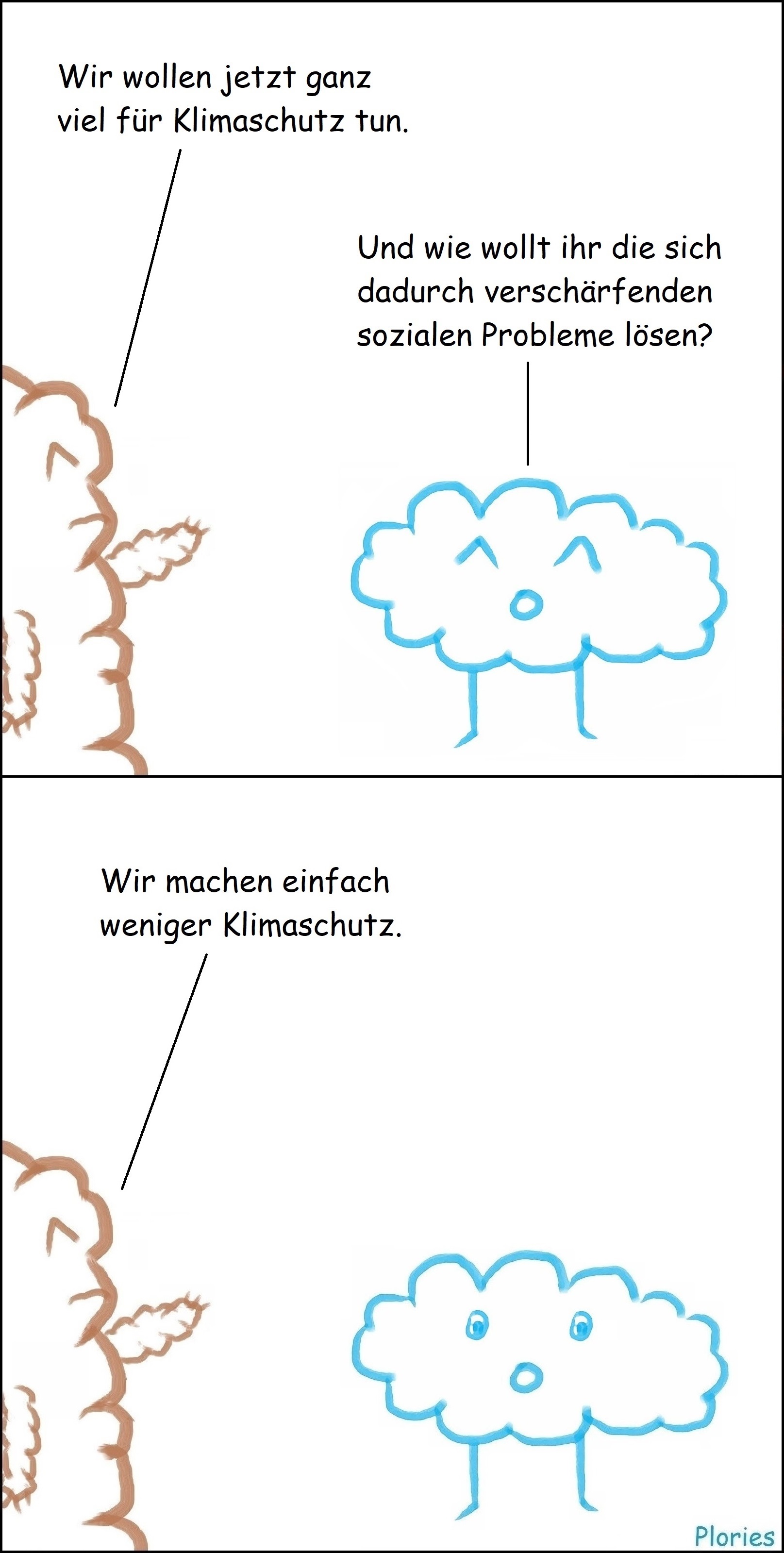 Mr. Brown mit Krawatte sagt: „Wir wollen jetzt ganz viel für Klimaschutz tun.“ Joy fragt: „Und wie wollt ihr die sich dadurch verschärfenden sozialen Probleme lösen?“ Mr. Brown mit Krawatte sagt: „Wir machen einfach weniger Klimaschutz.“ Joy guckt verdutzt.