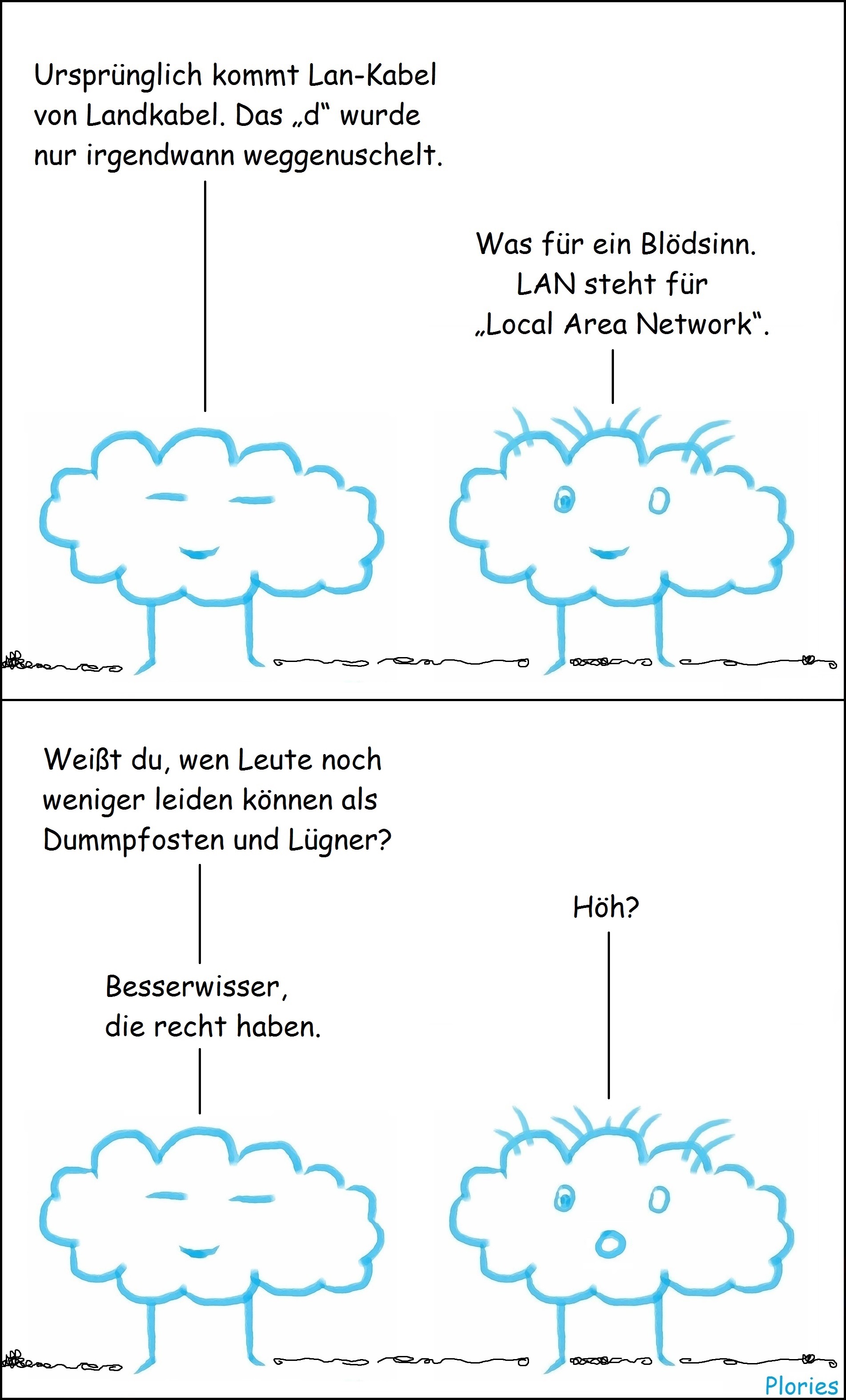 Am Boden liegen Kabel... Meany: „Ursprünglich kommt Lan-Kabel von Landkabel. Das „d“ wurde nur irgendwann weggenuschelt. Crazy: „Was für ein Blödsinn. LAN steht für „Local Area Network“. Meany: „Weißt du, wen Leute noch weniger leiden können als Dummpfosten und Lügner? Crazy: „Höh? Meany: „Besserwisser, die recht haben.