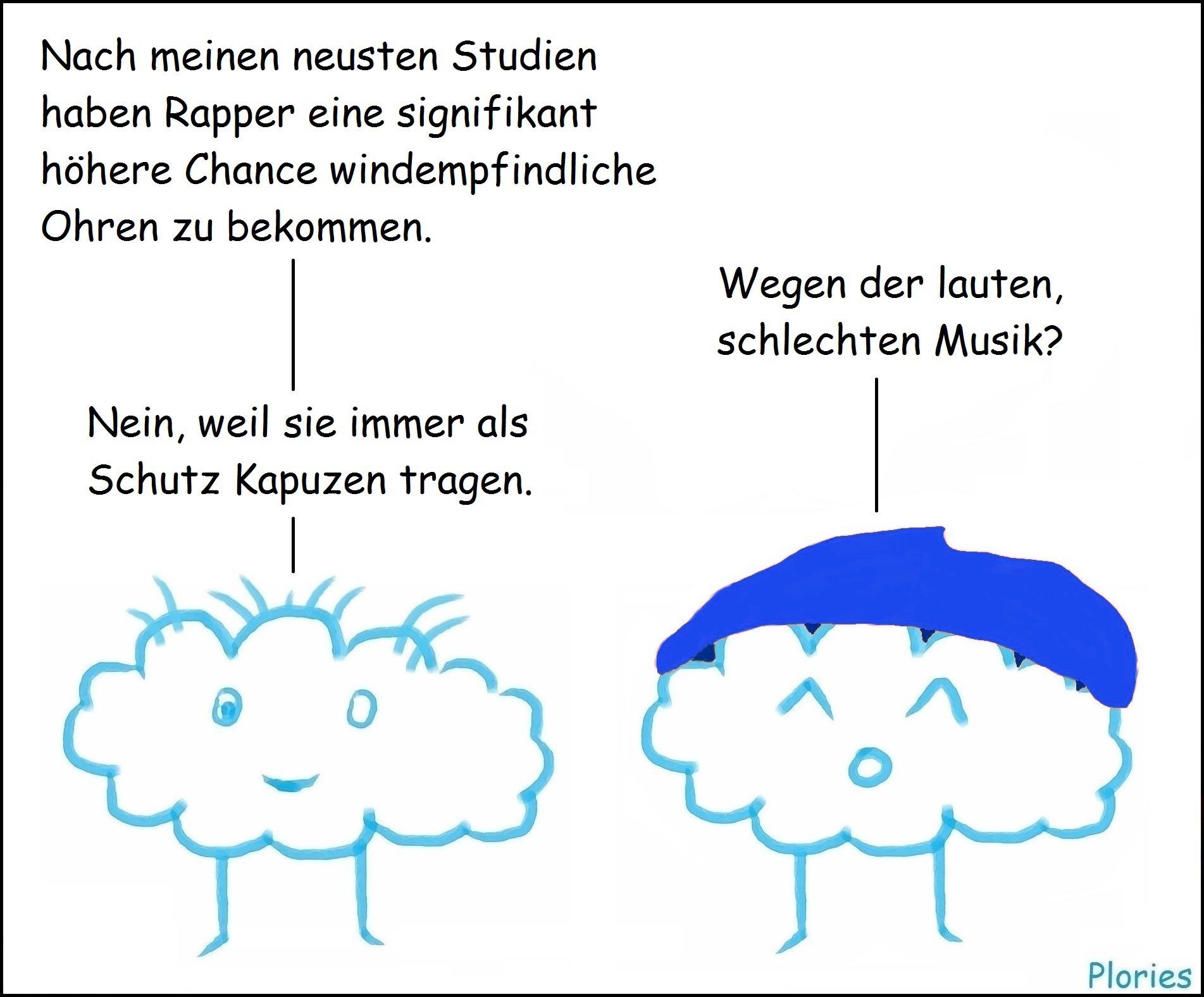 Prof. Crazy sagt: „Nach meinen neusten Studien haben Rapper eine signifikant höhere Chance windempfindliche Ohren zu bekommen.“ Joy fragt: „Wegen der lauten, schlechten Musik?“ Prof. Crazy sagt: „Nein, weil sie immer als Schutz Kapuzen tragen.“
