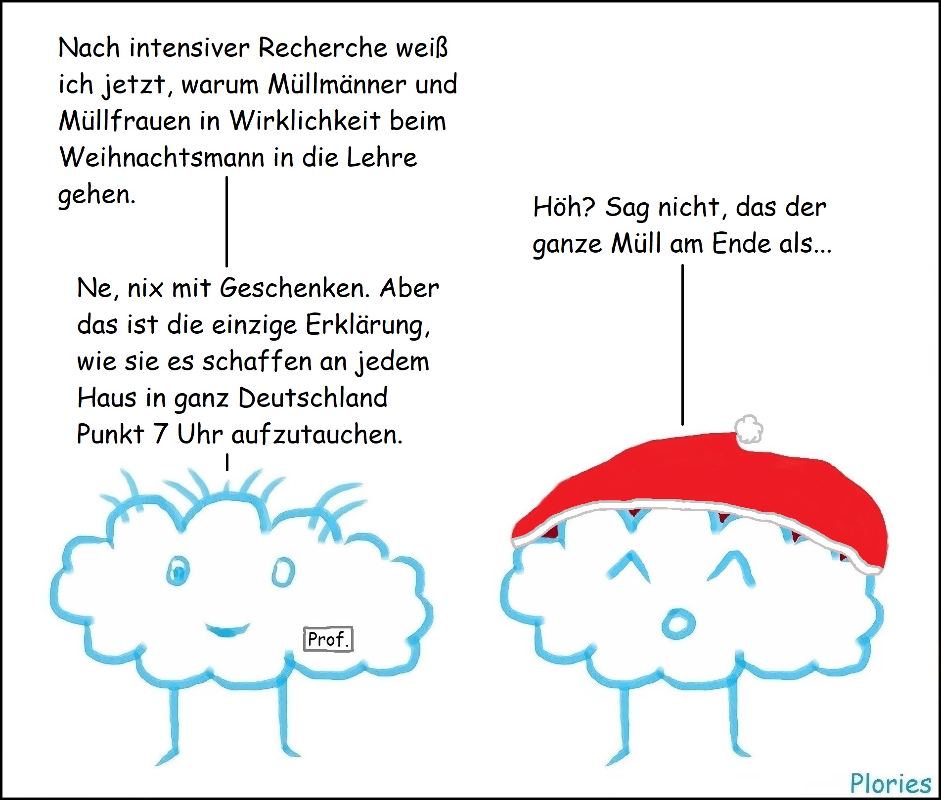 Prof. Crazy sagt: „Nach intensiver Recherche weiß ich jetzt, warum Müllmänner und Müllfrauen in Wirklichkeit beim Weihnachtsmann in die Lehre gehen.“ Joy mit Weihnachtsmütze sagt: „Höh? Sag nicht, das der ganze Müll am Ende als...“ Prof. Crazy: „Ne, nix mit Geschenken. Aber das ist die einzige Erklärung, wie sie es schaffen an jedem Haus in ganz Deutschland Punkt 7 Uhr aufzutauchen.“