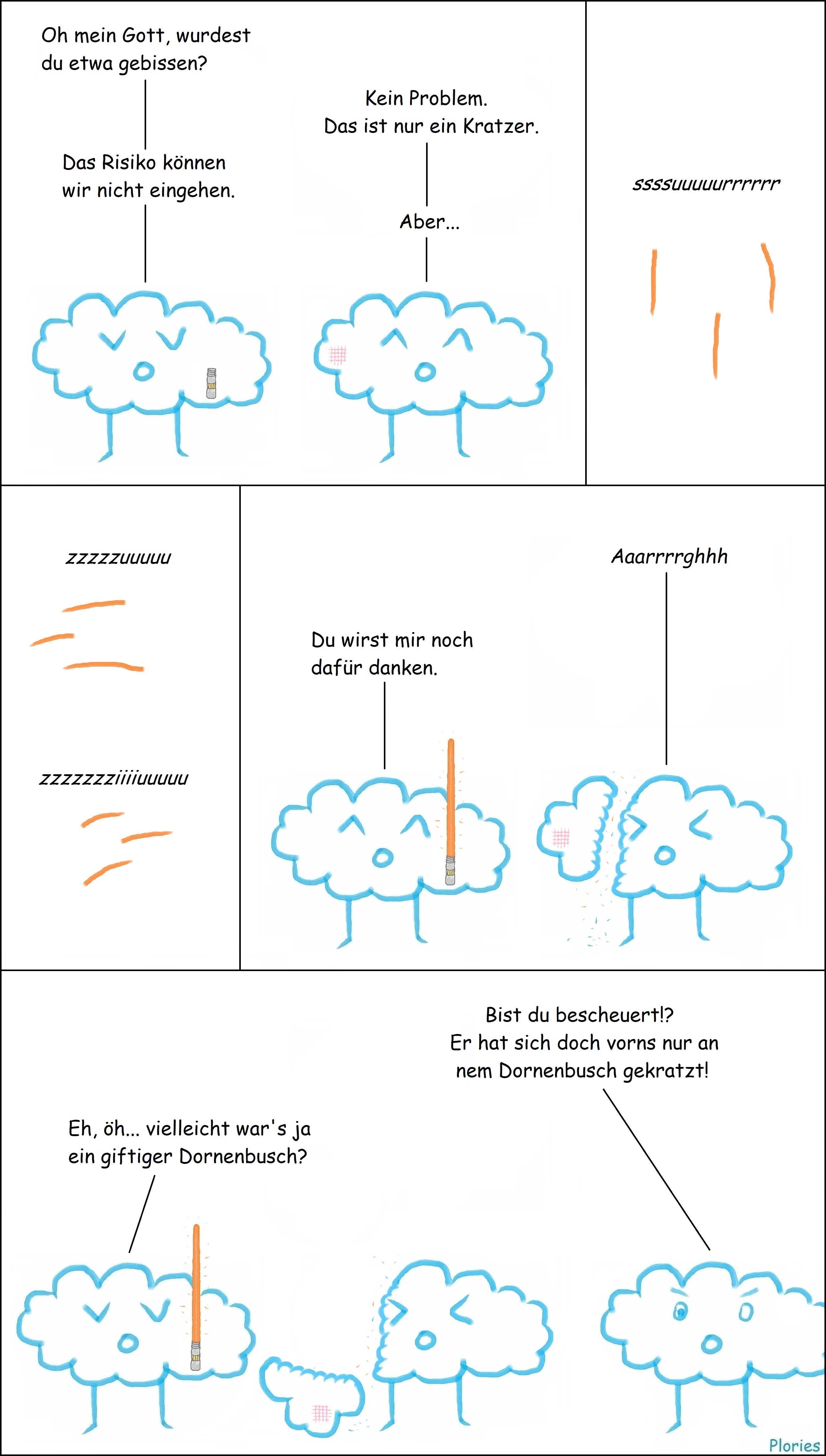 Trauriger Plory sagt: „Oh mein Gott, wurdest du etwa gebissen?“ Joy mit Kratzer sagt: „Kein Problem. Das ist nur ein Kratzer.“ Trauriger Plory holt sein Laserschwert heraus und sagt: „Das Risiko können wir nicht eingehen.“ Joy sagt: „Aber...“ Orange Lichtstreifen: ssssuuuuurrrrrr zzzzzuuuuu zzzzzzziiiiuuuuu. Von Joy wird ein Stück mit dem Laserschwert abgeschnitten. Joy: „Aaarrrrghhh“ Trauriger Plory sagt fröhlich: „Du wirst mir noch dafür danken.“ Angry kommt dazu. Angry sagt: „Bist du bescheuert!? Er hat sich doch vorns nur an nem Dornenbusch gekratzt!“ Trauriger Plory sagt: „Eh, öh... vielleicht war's ja ein giftiger Dornenbusch?