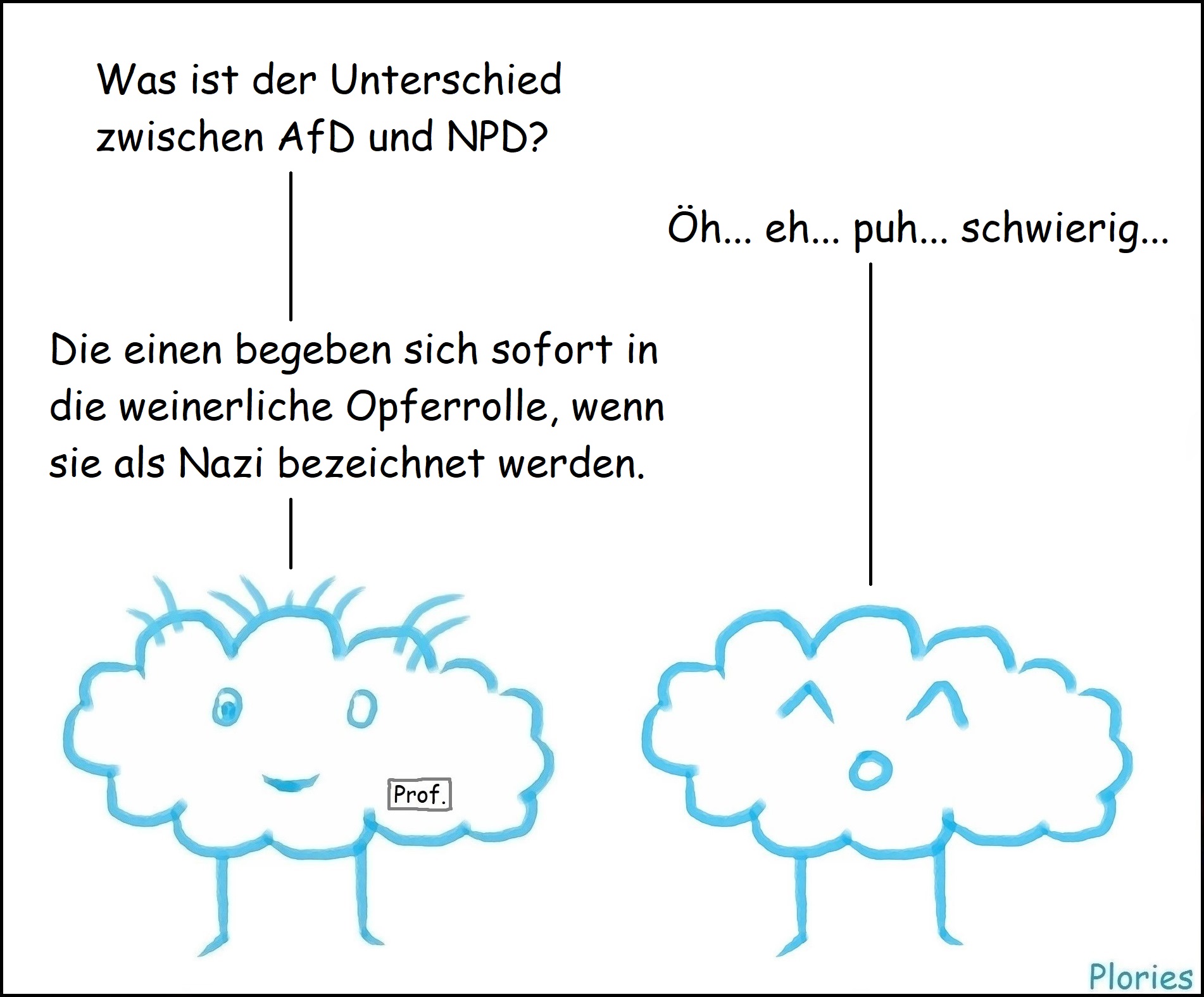Prof. Crazy: „Was ist der Unterschied zwischen AfD und NPD?“ Joy: „Öh... eh... puh... schwierig...“ Prof. Crazy: „Die einen begeben sich sofort in die weinerliche Opferrolle, wenn sie als Nazi bezeichnet werden.“