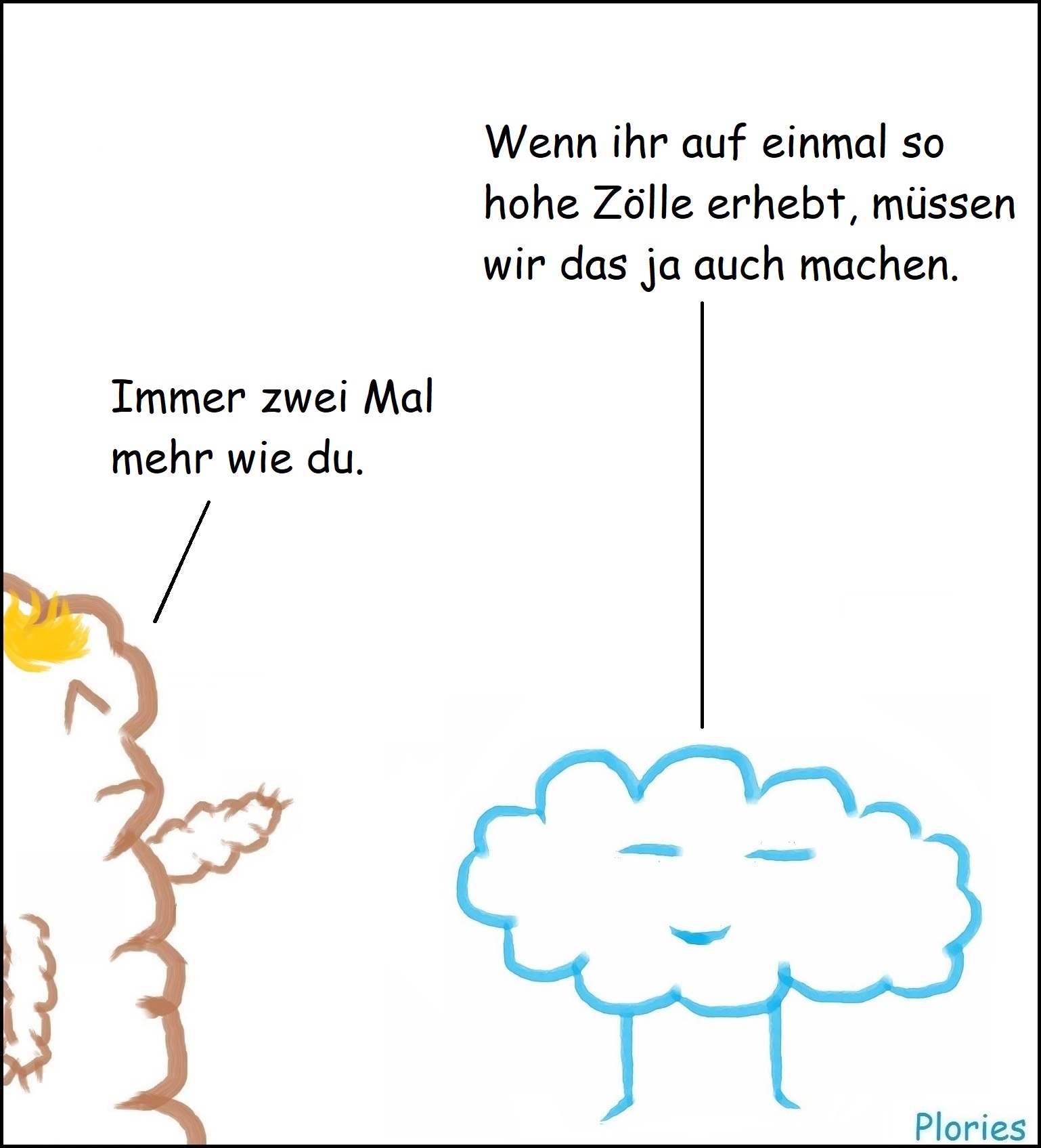 Meany: „Wenn ihr auf einmal so hohe Zölle erhebt, müssen wir das ja auch machen.“
Mr. Brown mit gelbem Toupe: „Immer zwei Mal mehr wie du.“