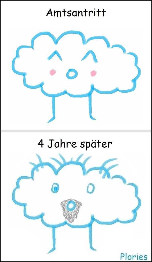 Amtsantritt: Joy mit Bäckchen.
4 Jahre später: Crazy mit langem Bart.