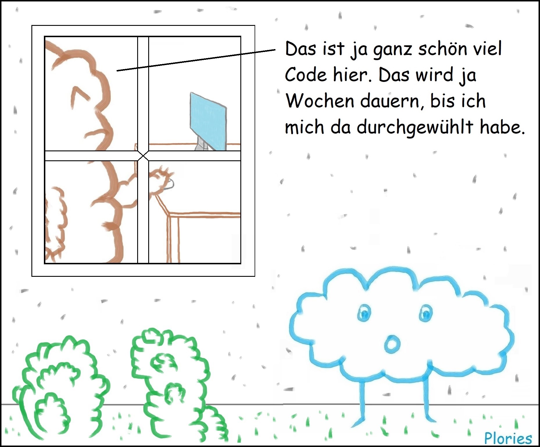 Mr. Brown sitzt drinnen am PC: „Das ist ja ganz schön viel Code hier. Das wird ja Wochen dauern, bis ich mich da durchgewühlt habe.“
Joy steht draußen und guckt verdutzt.