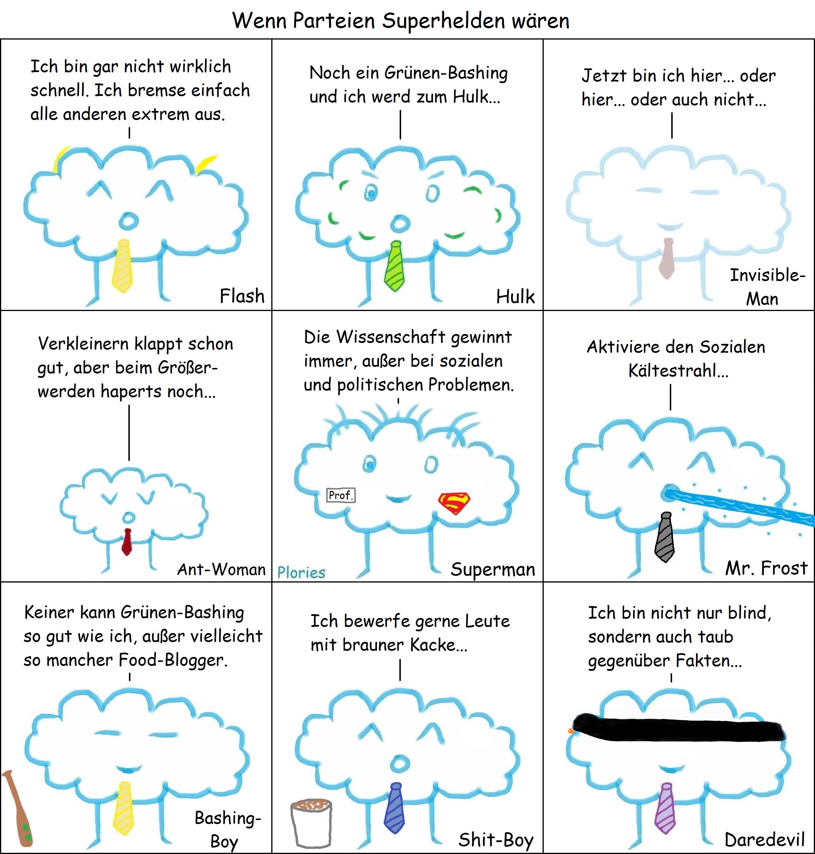 Verschiedene Plories mit Krawatten. 3x3 angeordnet.
Superman - Prof. Crazy: „Die Wissenschaft gewinnt immer, außer bei sozialen und politischen Problemen.“
Flash (gelbe Federn am Kopf) - Joy: „Ich bin gar nicht wirklich schnell. Ich bremse einfach alle anderen extrem aus.“
Invisible-Man (Durchsichtig)- Meany: „Jetzt bin ich hier... oder hier... oder auch nicht...“ /Ich bin gar nicht hier... oder doch?“
Ant-Woman - Kleiner trauriger Plory: „Verkleinern klappt schon gut, aber beim Größerwerden haperts noch...“
Hulk (grüne kleine Wölkchen) - Verärgert: „Noch ein Grünen-Bashing und ich werd zum Hulk...“
Mr. Frost (Kältestrahl) - Joy: „Aktiviere den Sozialen Kältestrahl...“
Bashing-Boy (Baseballschläger) - Meany: „Keiner kann Grünen-Bashing so gut wie ich, außer vielleicht so mancher Food-Blogger.“
Daredevil (mit Ohropax und Schwarzer Binde über Augen) - Joy: „Ich bin nicht nur blind, sondern auch taub gegenüber Fakten...“
Shit-Boy (Eimer mit Kacke) – Crazy Joy: „Ich bewerfe gerne Leute mit brauner Kacke...“