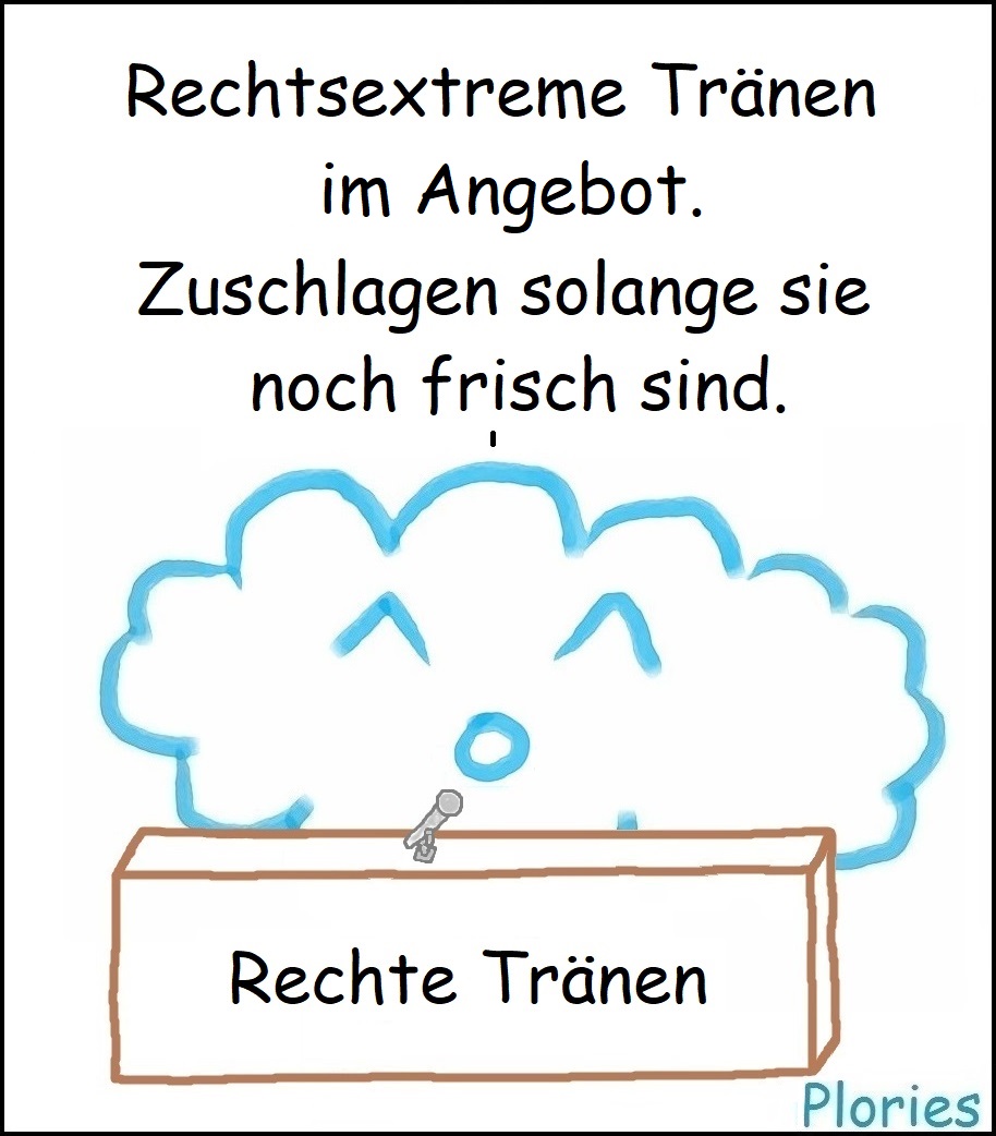 Joy hinter Pult: „Rechtsextreme Tränen im Angebot. Zuschlagen solange sie noch frisch sind.“
Auf Pult steht: Rechte Tränen
