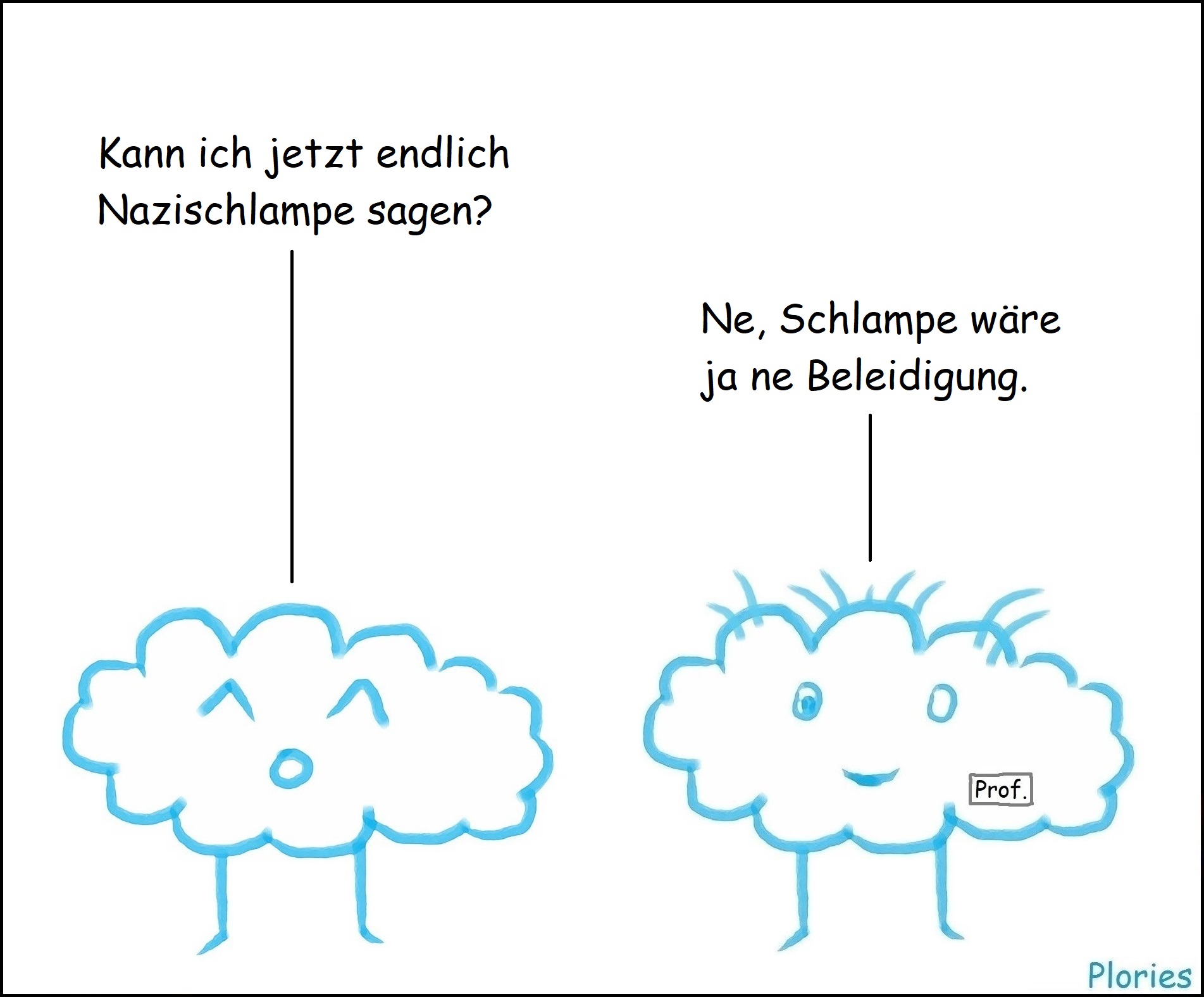 Joy: „Kann ich jetzt endlich Nazischlampe sagen?“
Prof. Crazy: „Ne, Schlampe wäre ja ne Beleidigung.“
