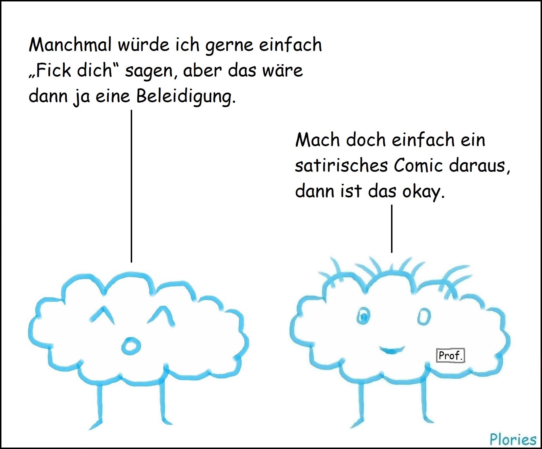 Trauriger Plory: „Manchmal würde ich gerne einfach „Fick dich“ sagen, aber das wäre dann ja eine Beleidigung.“
Prof. Crazy: „Mach doch einfach ein satirisches Comic daraus, dann ist das okay.“